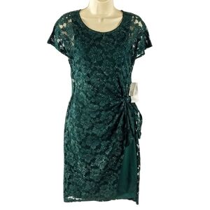 Robbie Bee hunter green with mettalic lace overlay short sleeves dress